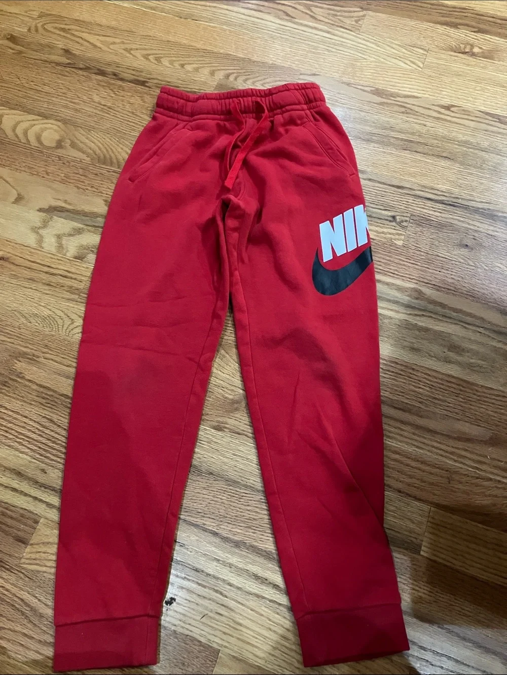 Nike Red Kids Joggers with White Logo and Black Swoosh Sz 10/12 (M) EUC